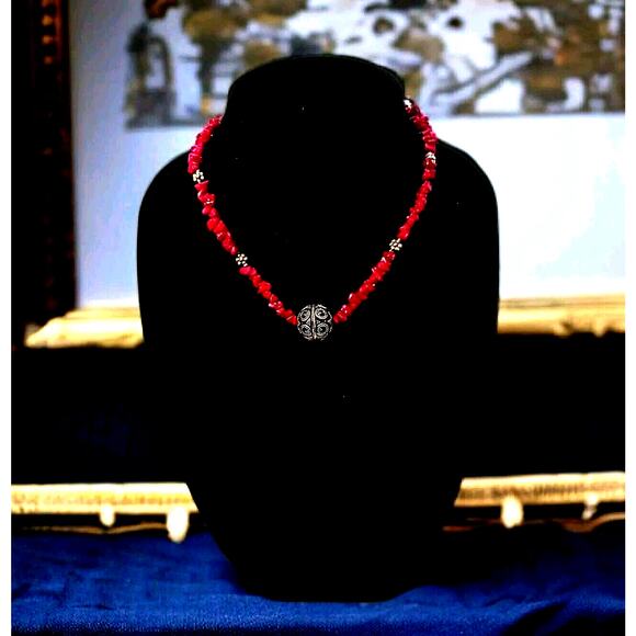 Vntg Red CORAL Necklace 17" STERLING SILVER Beads Asian Art Deco Modern Preppy - Picture 2 of 16